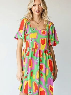 Retro First Love Green Abstract Multi-Color Mini Dress #0096